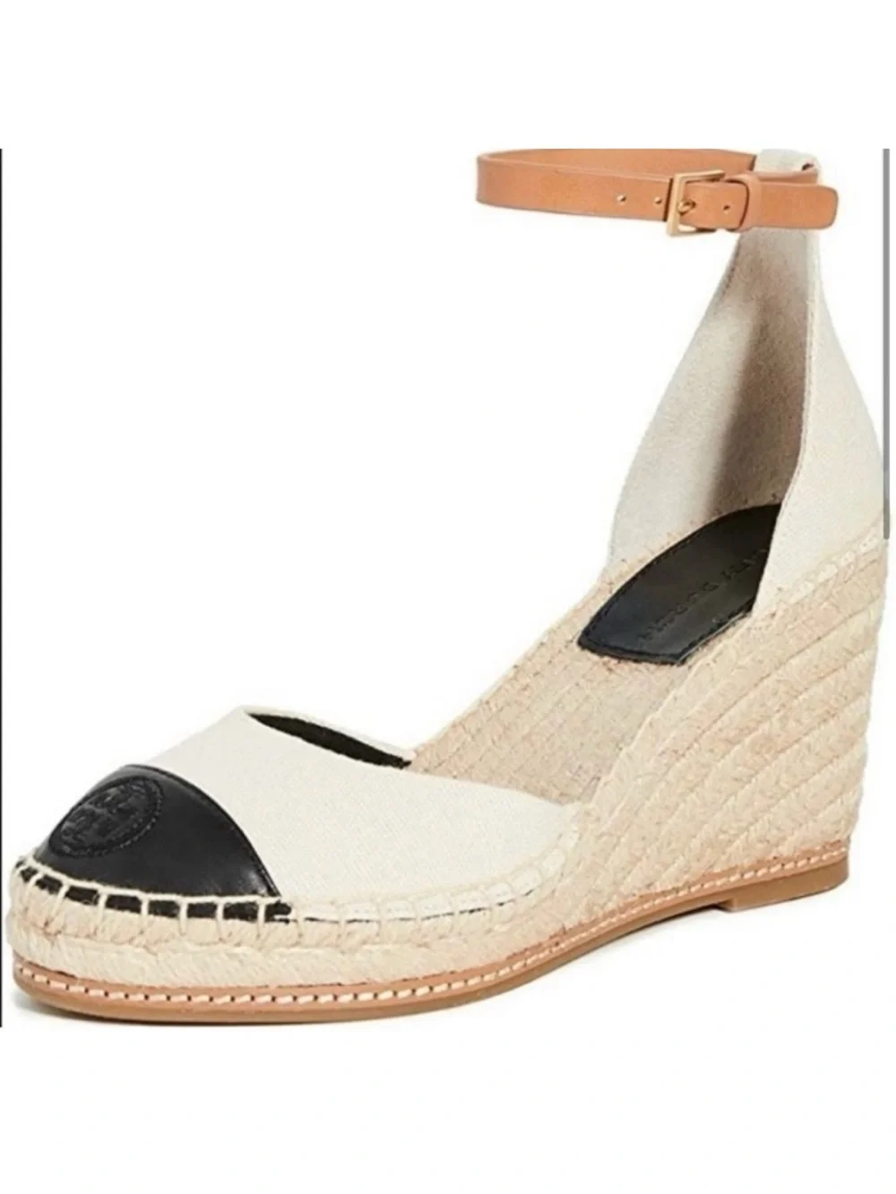 Tory Burch Color Block 85mm Wedge Espadrille Sandal Size 8.5 Color Cream & Black